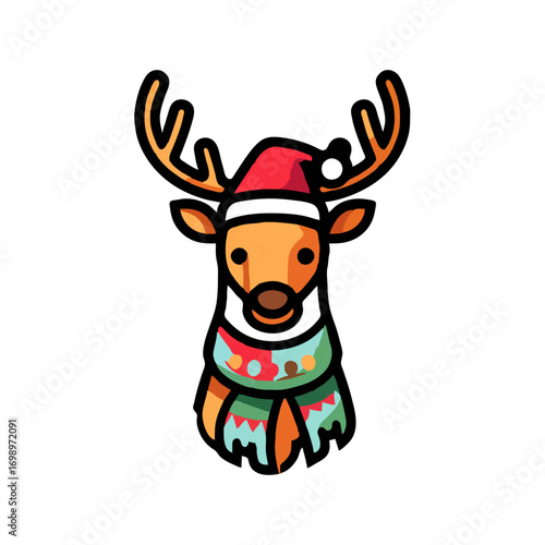 Festive Reindeer Wearing Santa Hat and Scarf for Christmas

