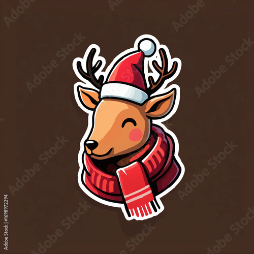 Festive Reindeer Wearing Santa Hat and Scarf for Christmas

