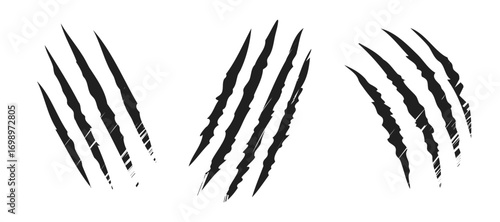 Bold cartoon illustration of three cat scratch marks, symbolizing feline claws, damage, aggression, danger, and wild animal energy