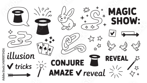Magic Show Doodle Set Illusion Rabbit Hat Tricks Stars and more