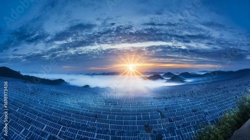 installation. Solar panels in a natural landscape, glowing under golden hour sunlight. ESG reports, sustainability campaigns, designed for sustainability communications and ESG reporting.