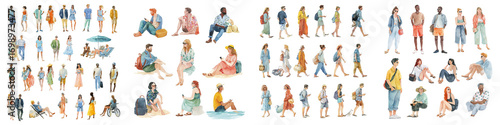 Watercolor people enjoying beach vacation, diverse group relaxing and walking in summer outfits, perfect for travel blogs and summer marketing visuals, vibrant and lively