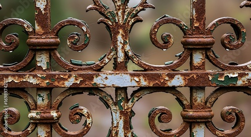 Textured rusty wrought iron fence detail with peeling paint and water droplets, evoking vintage charm and decay