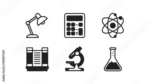 Back to school Set of six education icons including desk lamp calculator atom books microscope and flask