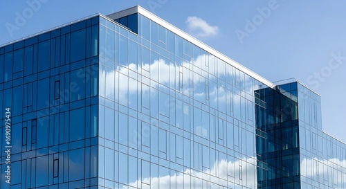Sleek modern office building with reflective glass facade showing sky and clouds, a symbol of corporate success