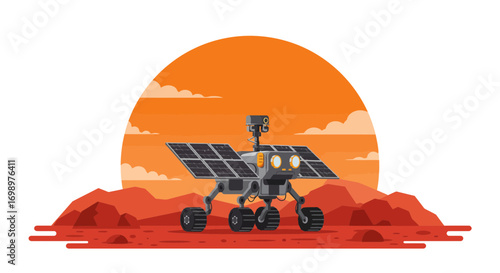 Illustration of a Mars rover exploring the red planet with solar panels and a sunset backdrop. Concept for space exploration, scientific research and future technology advancements