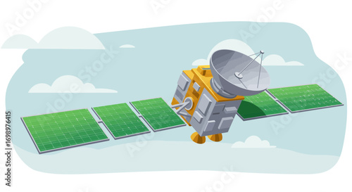 Cartoon satellite orbiting in a blue sky with cloud and solar panels, concept for space exploration, communication technology and scientific research
