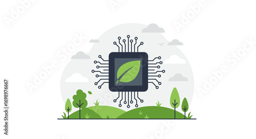 Stylized illustration of a microchip with a leaf inside on green hills against a sky backdrop, concept for eco-friendly technology, sustainable computing and green energy solutions