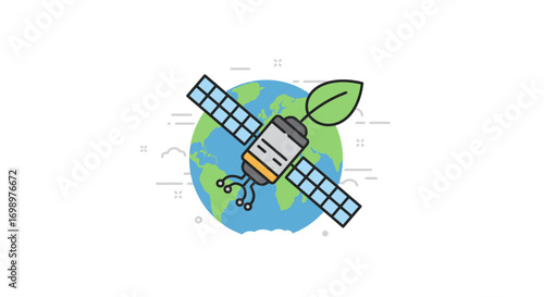 Stylized satellite orbiting Earth with a green leaf accent on top, earth imagery. Concept for environmental monitoring, green technology and sustainable solutions