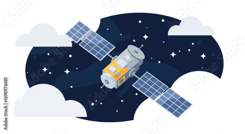 Illustration of a space satellite orbiting the Earth with solar panels against a starry backdrop. Concept for global communication, space exploration and meteorological observation