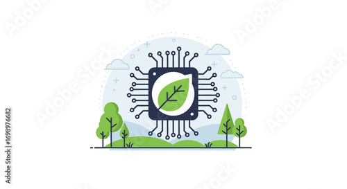 Vector illustration of a microchip with a leaf inside surrounded by a natural landscape, concept for green technology, sustainable computing and environmentally friendly innovation