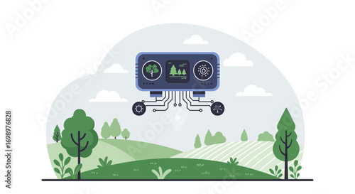 Stylized landscape with floating technology monitoring plant life, showcasing trees and fields, concept for agricultural automation, environmental sustainability and data-driven farming