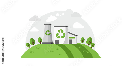 Stylized eco-friendly industrial plant with recycling symbols on a green hill under cloudy sky. Concept for sustainable energy, waste management solutions and environmental awareness initiatives