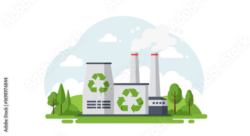 Vector illustration of a recycling factory with green grass and blue sky in flat design, concept for environmental awareness, sustainable energy and clean manufacturing