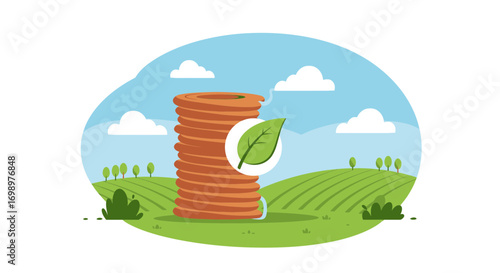 Stack of brown rope with a green leaf over a cartoon farm landscape with rolling hills under blue sky, concept for agriculture products, natural packaging and eco-friendly materials