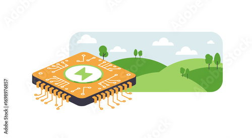 Stylized illustration of a microchip with a lightning bolt symbol over a vibrant green landscape, concept for sustainable technology, green energy solutions and eco-friendly innovation