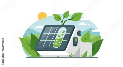 Illustration of a modern house powered by solar panels with greenery and a test tube, concept for sustainable living, alternative energy solutions and environmental conservation
