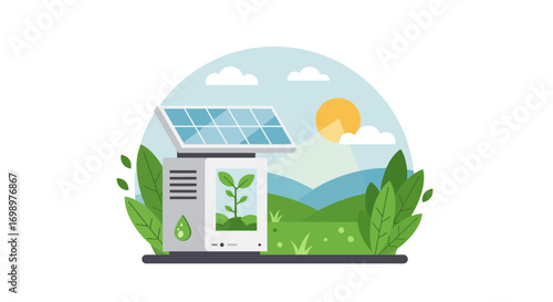 Illustration of a plant growing in a futuristic machine powered by solar panel with landscape view. Concept for sustainable agriculture, renewable energy and environmental technology
