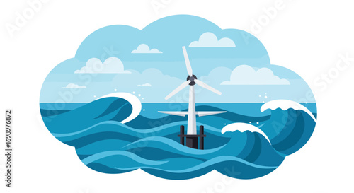 Illustration of an offshore wind turbine in blue ocean waves under cloudy sky, flat design. Concept for renewable energy, clean power generation and sustainable technology