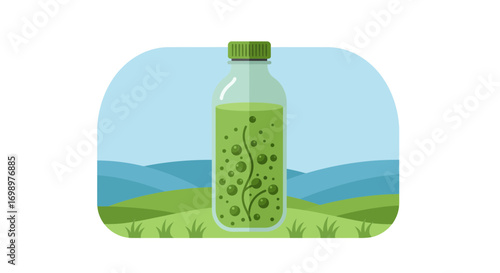 Illustration of a green smoothie bottle on a hilly landscape background with a blue sky. Concept for healthy eating, natural nutrition and organic products promotion