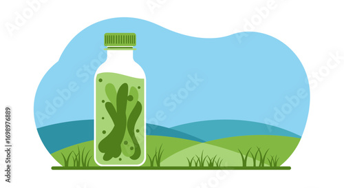 Green smoothie bottle with seaweed extract on a landscape background, vector illustration. Concept for healthy drinks, organic products and dietary supplements