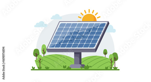 Illustration of solar panel on a green field with sun shining and some trees around, concept for renewable energy source, sustainable development and environmental protection