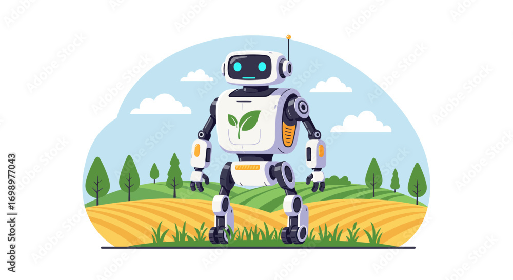 Fototapeta premium Illustration of futuristic robot with green leaf emblem standing in agricultural field, concept for precision farming, sustainable agriculture and automation in agriculture