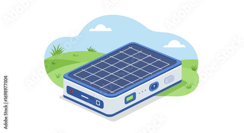 Isometric illustration of a solar power bank on green grass with blue sky and clouds background. Concept for renewable energy, outdoor charging solutions and sustainable lifestyle