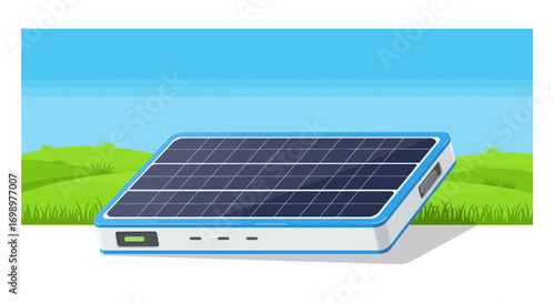 Portable solar panel power bank in the landscape with sunny sky and green hills, concept for eco-friendly energy, outdoor charging solution and sustainable power source