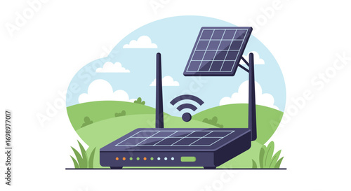 Illustration of a router with solar panel on landscape background emitting a wifi signal. Concept for renewable energy internet, sustainable technology and wireless connectivity solutions