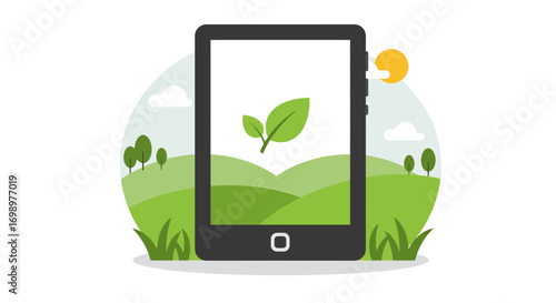 Digital tablet showcasing a green landscape with leaves, symbolizing nature and technology integration, concept for environmental awareness, sustainable practices and eco-friendly applications