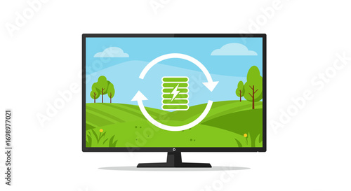 Flat screen monitor displaying a landscape scene with a battery icon and recycle symbol over it, concept for eco-friendly technology, renewable energy solutions and sustainable consumption