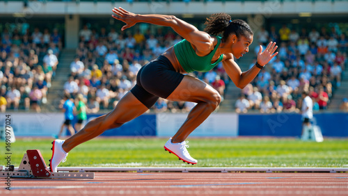 Female Sprinter Exploding from Starting Blocks at a Race