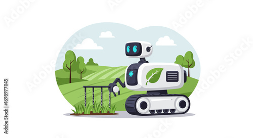 Illustration of modern farming robot tending to field on sunny day with green meadow. concept for agricultural technology, farm automation and smart agriculture