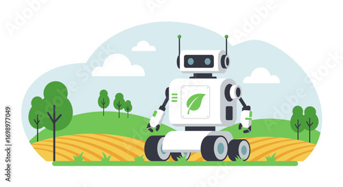 Modern white farming robot on a field with green leaf logo on its body standing under cloudy sky, concept for precision agriculture, farm automation and eco friendly technology