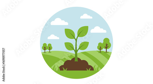 Illustration of a small plant growing in fertile soil with a blue sky and green field backdrop. Concept for environmental awareness, sustainable agriculture and organic farming practices