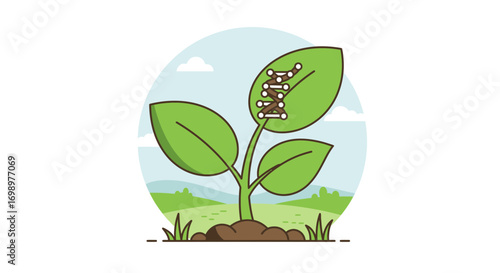 Illustration of a plant with mended leaf on a background with landscape, sky and clouds. Concept for environmental repair, sustainability and ecological balance
