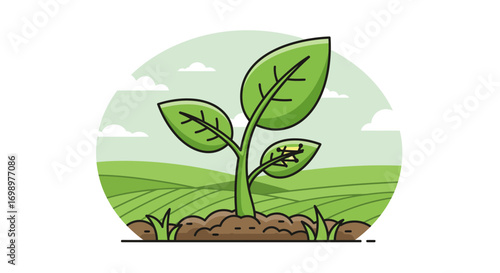 Illustration of a young plant with three leaves in a field with green hills. Concept for environmental awareness, sustainable agriculture and organic gardening