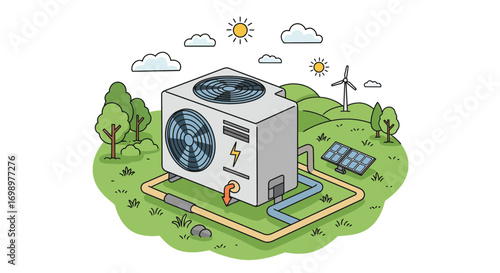 Illustration of an air source heat pump system with a solar panel and wind turbine on green landscape, concept for sustainable energy solutions, eco-friendly heating and renewable power generation
