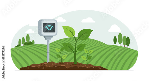 Illustration of plants growing in soil with a wifi sensor on a green field background. Concept for smart farming, precision agriculture and agricultural technology solutions