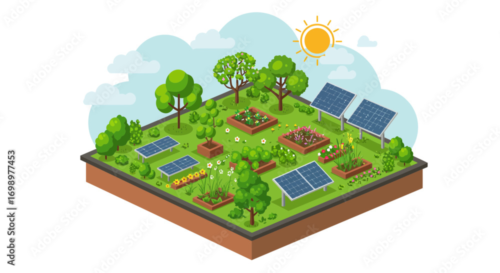 Fototapeta premium Isometric rooftop garden with solar panels, trees, plants and flower beds under blue sky and sunshine. Concept for sustainable urban living, renewable energy and green architecture