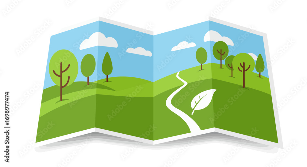 Fototapeta premium Green landscape vector illustration with folded paper style, featuring rolling hills, trees and a path, concept for ecological awareness, travel planning and environment protection