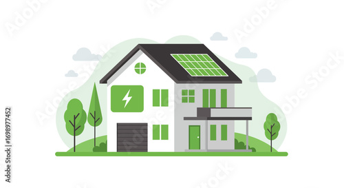 Modern two-story house with solar panels on the roof, surrounded by trees in a flat design. Concept for renewable energy, sustainable living and eco-friendly technology