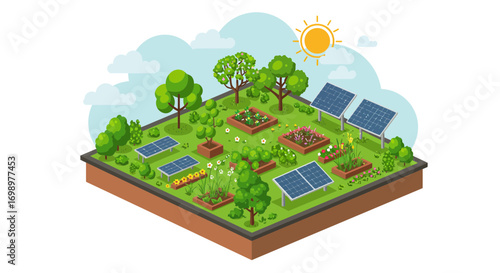 Isometric rooftop garden with solar panels, trees, plants and flower beds under blue sky and sunshine. Concept for sustainable urban living, renewable energy and green architecture