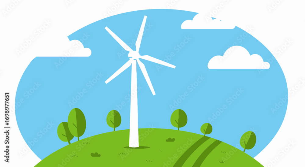 Fototapeta premium Stylized vector illustration of a wind turbine standing on a green hill under a blue sky with fluffy clouds, concept for sustainable energy solutions, ecological awareness and eco-friendly technology