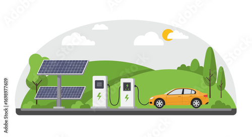 An electric car charging at a station powered by solar panels in a green landscape, concept for eco-friendly transportation, renewable energy solutions and sustainable technologies