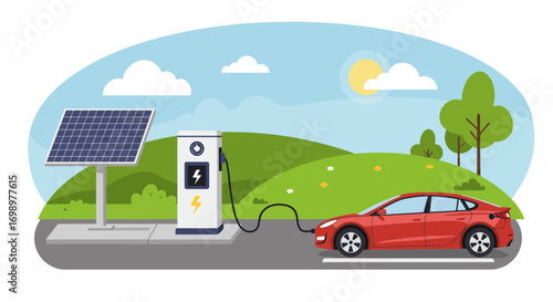 Red electric car charging at station powered by solar panel, set against a green landscape, concept for eco-friendly transportation, clean energy solutions and future mobility