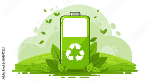 Green battery icon with recycle symbol amidst leaves and nature background, concept for eco-friendly power, sustainable energy solutions and renewable resources campaign