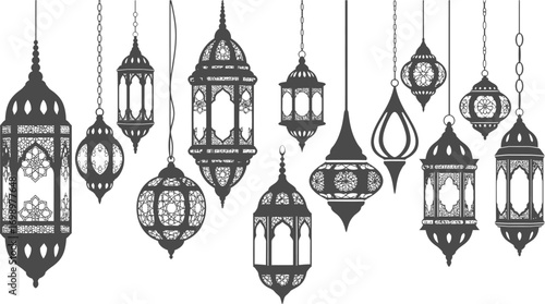 Islamic Festive Vector Set: Hanging Ornaments, Lanterns, and Stars on Strings

