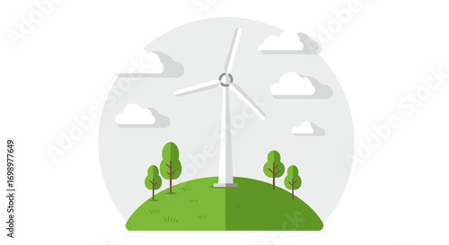 Vector illustration of a wind turbine on green hill with trees and cloudscape background. Concept for sustainable energy, renewable resources and eco-friendly technology